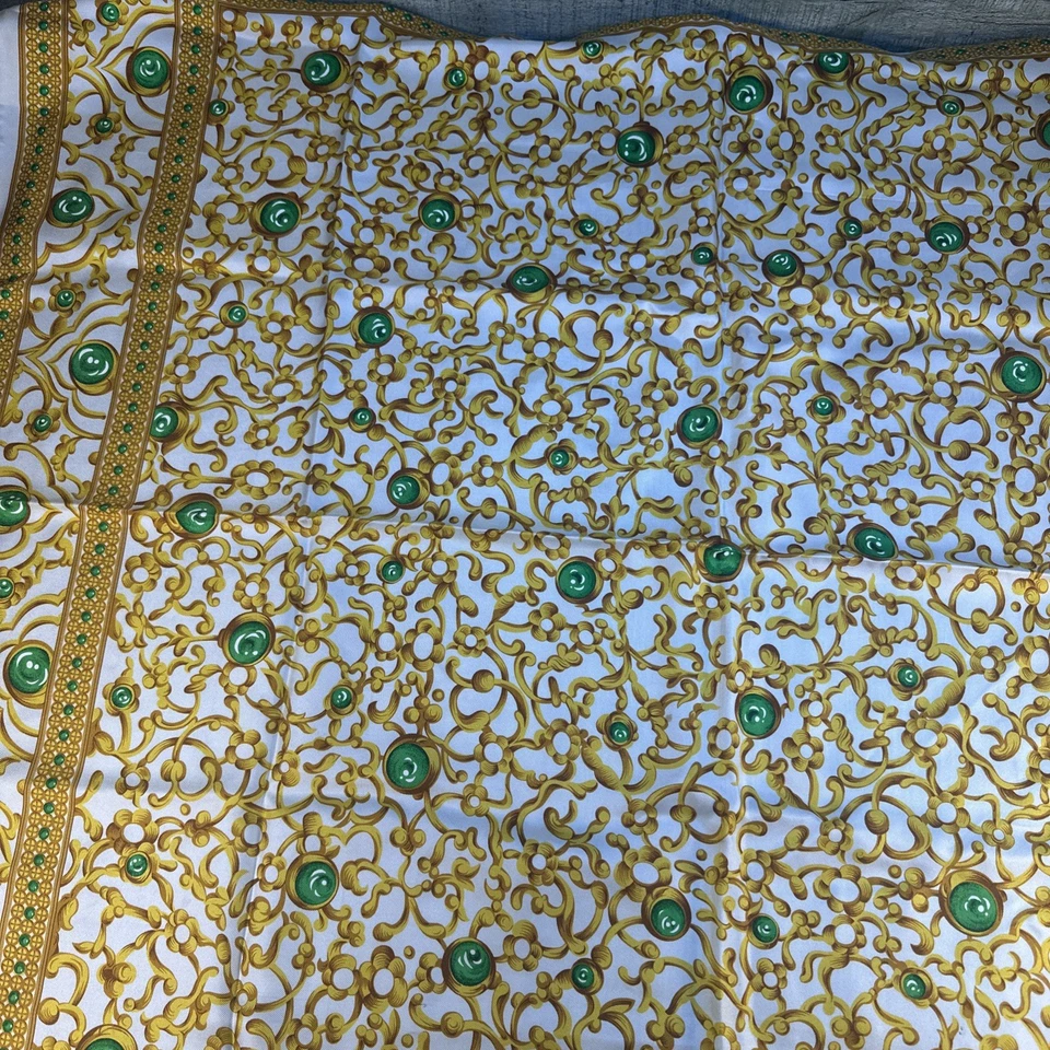 Vintage Oscar de la Renta Silk Scarf Abstract Geometric Green Gold 35” Square - Image 4 of 4