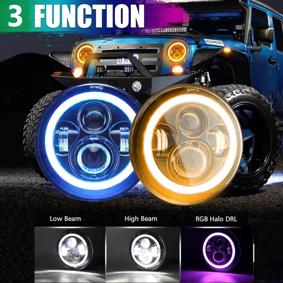 7" RGB Halo LED Headlights +4" Fog Lights Combo Kit For Jeep Wrangler JK 2007-17 - Изображение 3 из 4