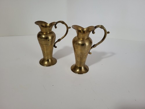 Pair Of Vintage Small Brass Pitcher Ewer Jug 4 1/4" Tall - Picture 9 of 11