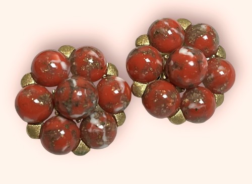 Vintage SIGNIERTE Krone TRIFARI Koralle & Gold Kunstglas Ohrclips Nachlass