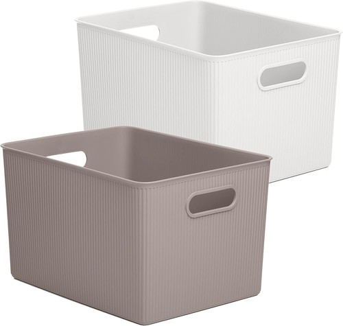 Superio 22L Large Ribbed Storage Bin with Lid, Plastic (2 Pack, Taupe and White) - Bild 1 von 7