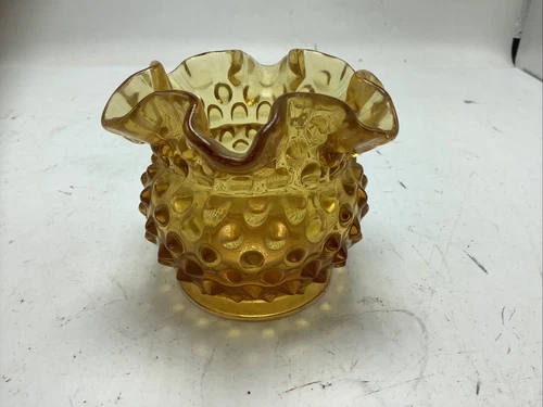 Vintage Fenton Art Glass 3" Amber Gold Hobnail Ruffled Open Rose Bowl Vase