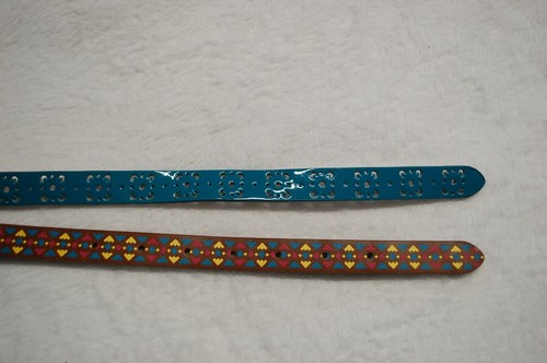 Girls 2 BELTS Brown YELLOW BLUE PINK DESIGN Shiny Teal Cut Outs M/L 24-33" waist - Picture 2 of 2