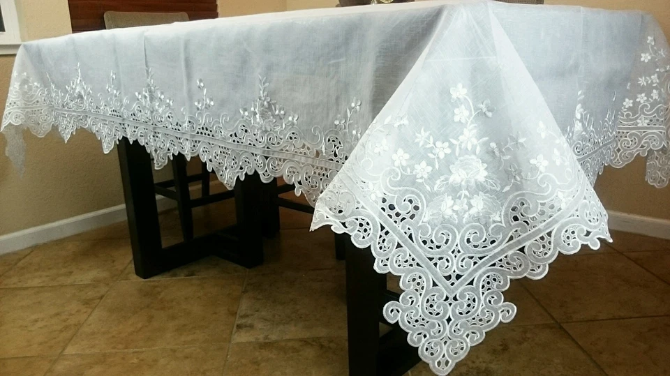 72x144" Embroidered Lace Organza Polyester Tablecloth Napkin White Wedding Party - Image 4 of 4