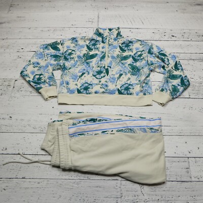 Fabletics Sweatsuit Womens S/L Blue Green Floral Cotton Blend Terry Knit Crop