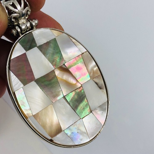 Abalone Mother of Pearl Pendant Checkerboard Oval MOP Large 2" Costume - Picture 3 of 9