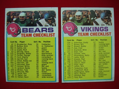 1973 TOPPS FOOTBALL TEAM CHECKLISTS 2 CARD LOT BEARS & VIKINGS UNCHECKED & NICE - Picture 1 of 3