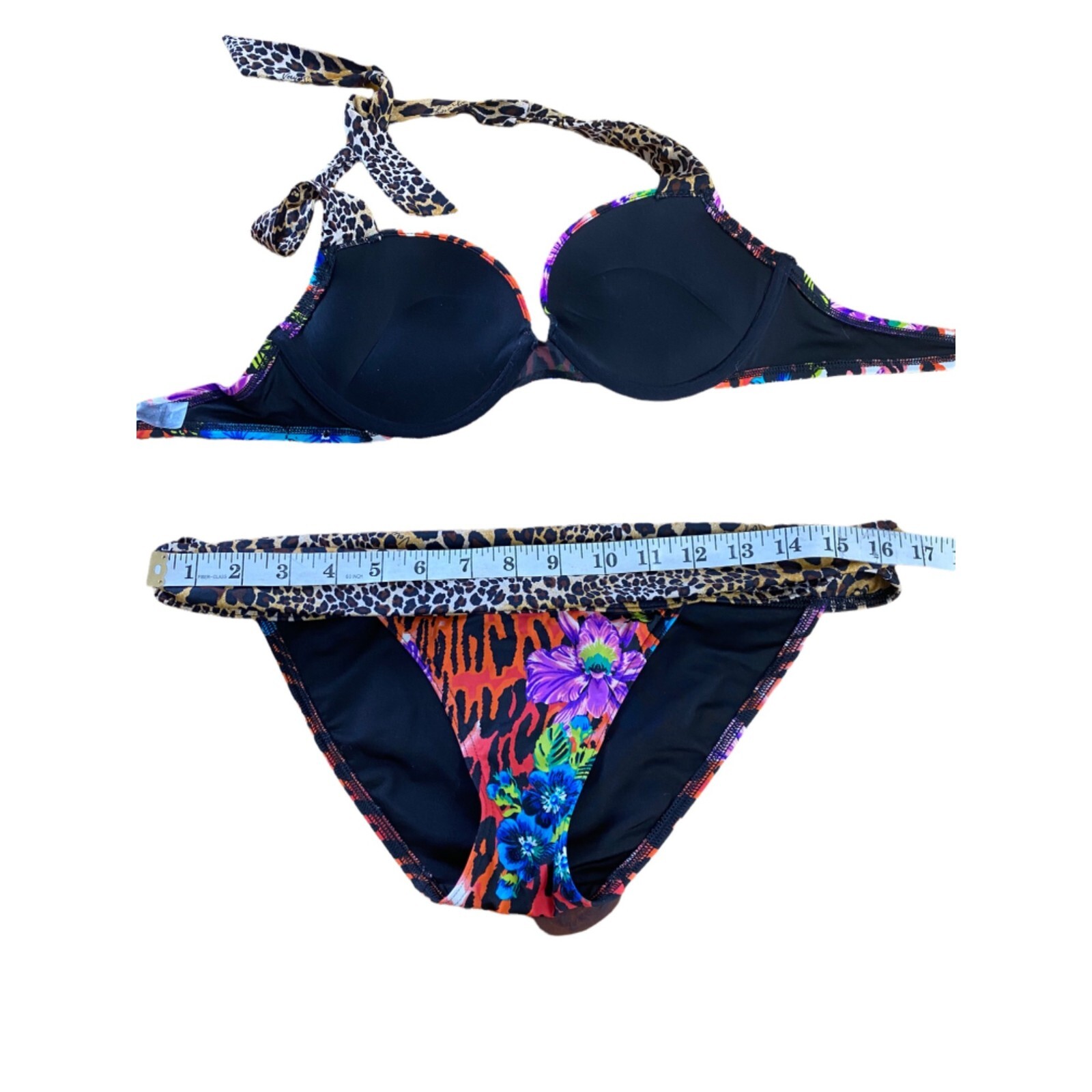 Victoria's Secret Floral Leopard Skull Bombshell Bikini Set 34B M Rare Add 2 cup image 9