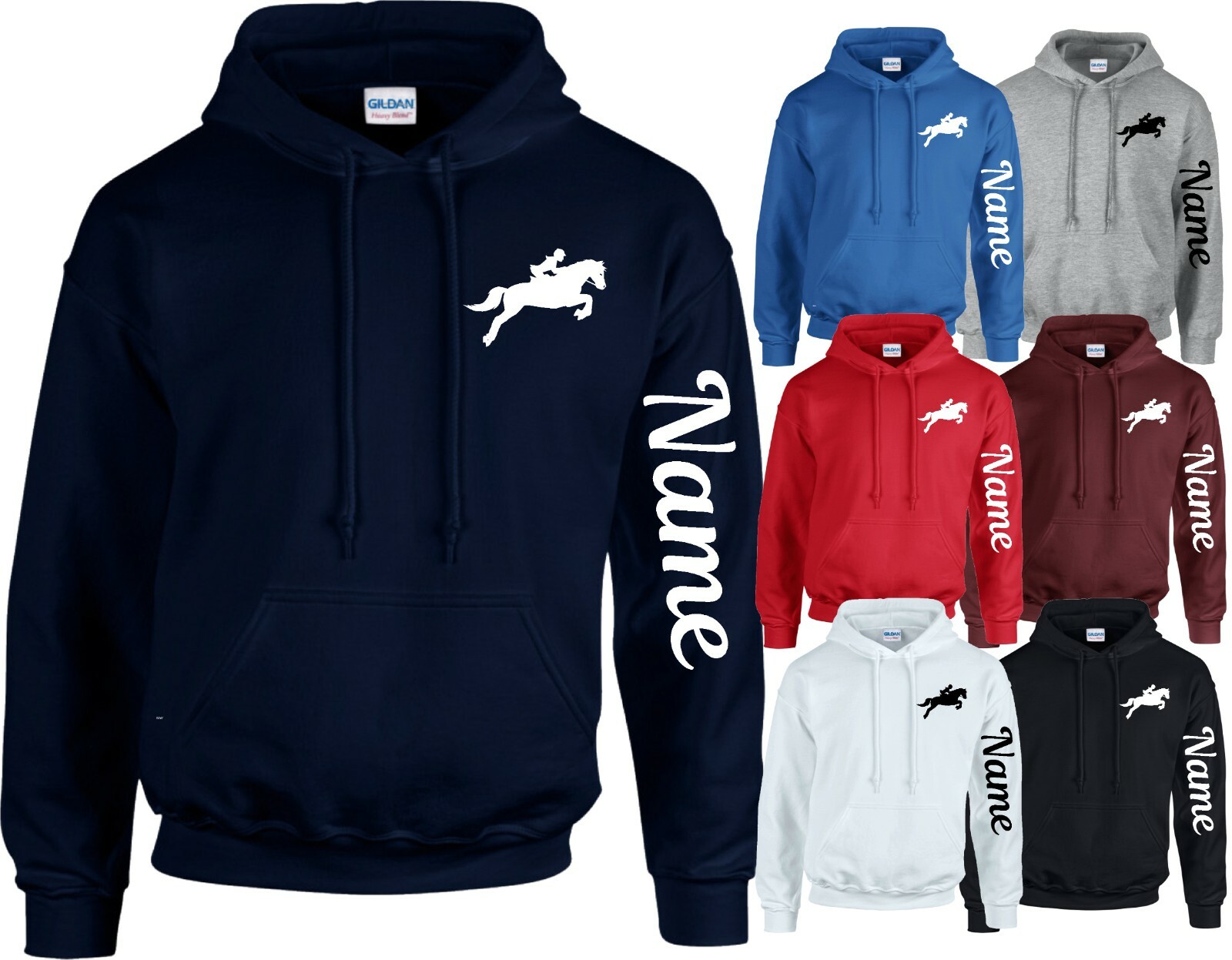 Felpa con cappuccio personalizzata cavaliere cavallo dressage braccio sinistro petto stampata fantino pannocchia pony