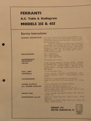 Ferranti Model 215 415 AC Table Radiogram Service manual | eBay UK