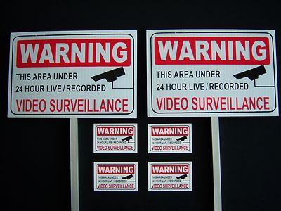 2 VIDEO SURVEILLANCE SIGNS + 4 DECALS  - 2 STAKES ..#PS-419