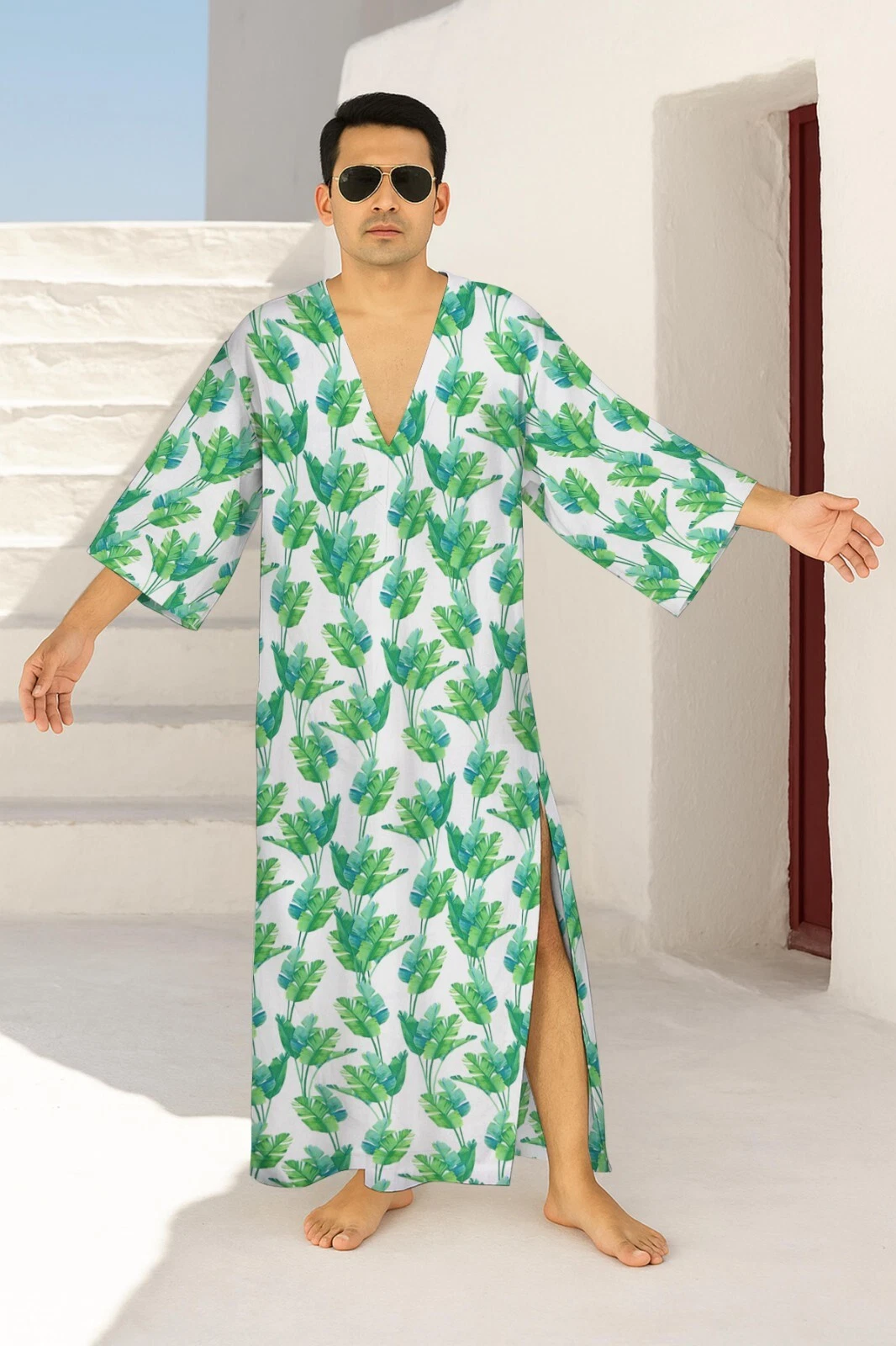 Men's Summer Find Beach Holiday Free Flowy Banana Leaf Print Kaftan Poncho Dress