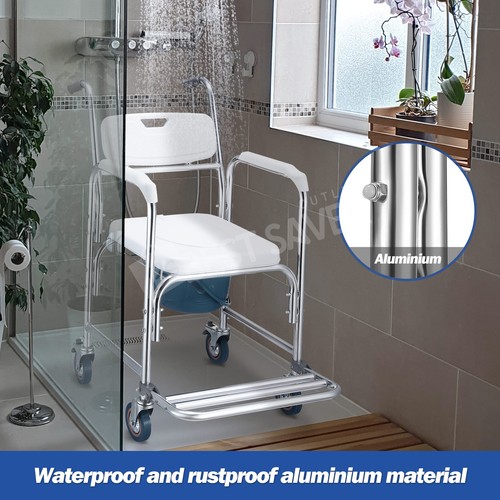 Commode Shower Chair Toilet Wheelchair 3 in 1 Bath Stool Bathroom Bedside Seat - Picture 9 of 12