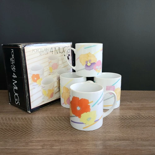 Vintage Floral Ceramic Coffee Mugs Set of 4 New in Box 90s
