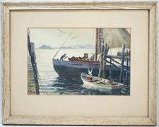 Stunning Norman Merritt Painting of Maine Fishing Boat Gallery Stamp, Fine!