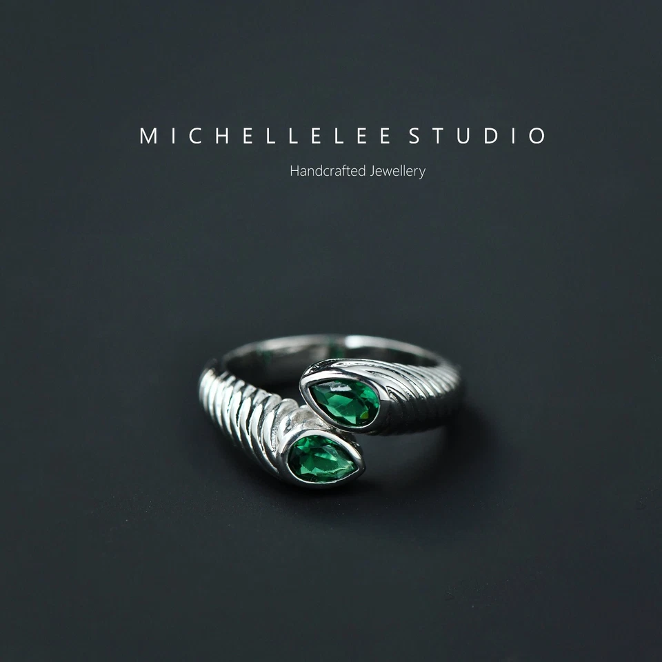 Green Crystals Ring, Green CZ Crystal Ring, Silver Plated Brass Ring - Image 2 of 4