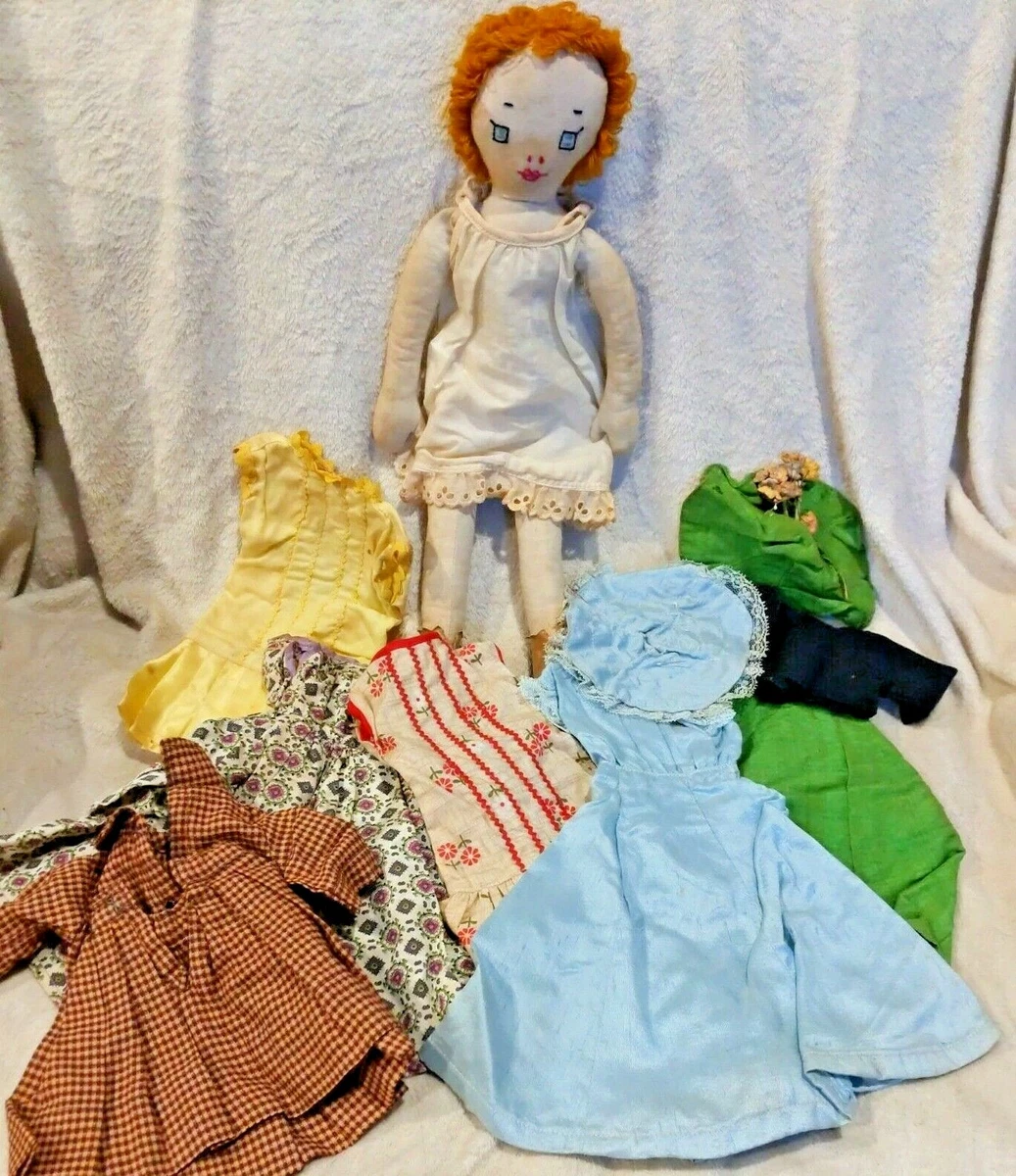 Antique Vintage Folk Art Hand Made Cloth Rag Doll W Outfits Americana Primitive