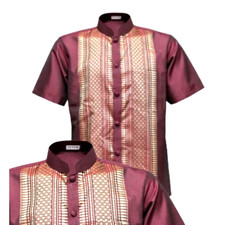 Shirt Sleeve Short Thai Traditional Silk Men's XXXL 60 Inc Dark Purple Casual Th