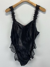 Vtg California Dynasty Satin Bodysuit Women s L Black Ruffle Made In USA 1 Piece