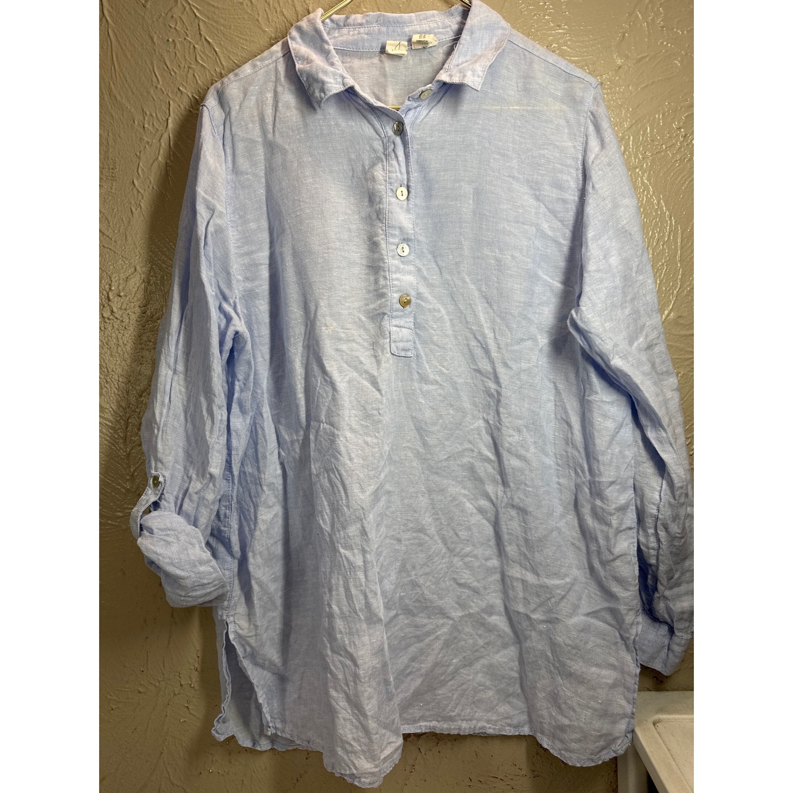 Joie 100% Linen Blouse 3/4 Button Long Sleeve Roll Tabs Light Blue Size XL