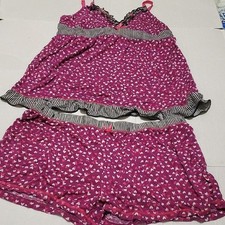 Cute Soft Magenta Hearts Stripes Ruffled Sleepwear Set M