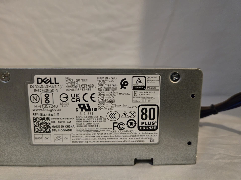 Dell OptiPlex 7080 3080 5080 3090 SFF 200W Netzteil D200EBS-00 0664DM 664DM - Bild 2 von 3