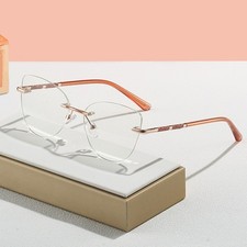 Metal Eyeglass Frame Cat Eye Rimless Blue Light Blocking Reading Glasses Women