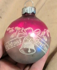 Vintage Shiny Brite Pink Christmas Greetings Bell Holly Stencil Glass Ornament