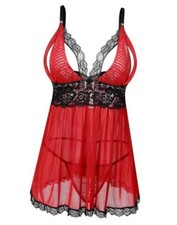 Plus Size Babydoll Lingerie Set for Women Sexy Mesh Lace 3X-Large Red