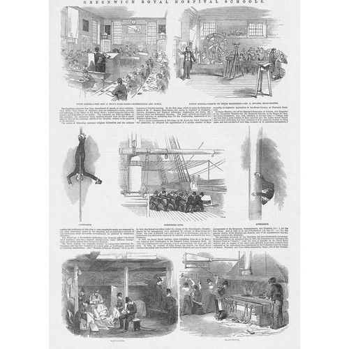 LONDON Greenwich Royal Hospital Schools - 2x Antique Prints 1848