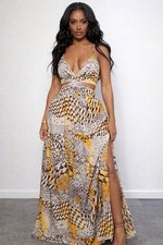 SHEIN Animal Print Maxi Dress Cut Out Backless High Slit Boho Resort Size 6