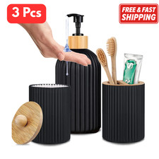 3pc Bathroom Accessories Set Soap Dispenser Toothbrush Holder Cotton Jar Black W