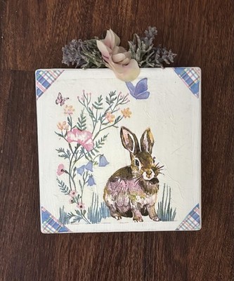 Wood Block Art Bunny Rabbit Decoupage Folk Art 5'' Easter Spring Decor · Handmade