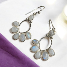 925 Sterling Silver Drop Earring Natural Rainbow Moonstone Teardrop Earrings