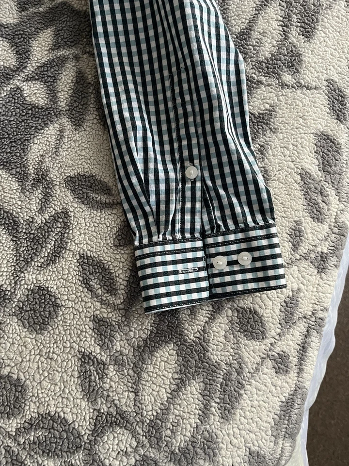 Camisa Kenneth Cole Reaction verde azulado y negro a cuadros calce ajustado con botones para hombre 16 34-35 Foto 2 de 4