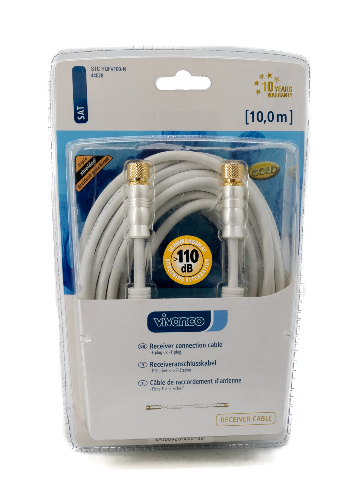 Vivanco Receiveranschluss Kabel 10m Antenne F-stecker Receiver Sat Tv