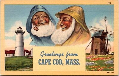 Happy Fishermen - Greetings from Cape Cod, Massachusetts - 1948 Linen Postcard
