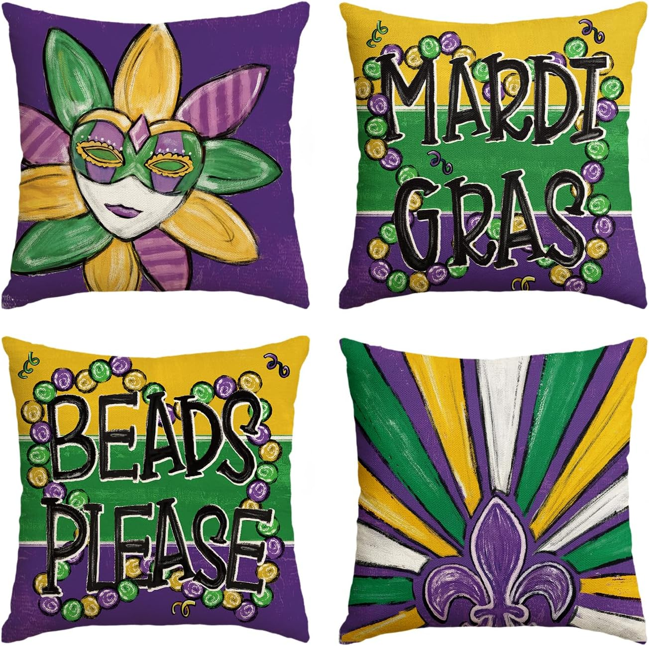 Mardi Gras Fleur De Lis Mask Beads Please Throw Pillow Covers, 18 X 18 Inch Holi