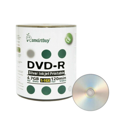 100 Smartbuy 16X DVD-R 4.7GB Silver Inkjet Printable Blank Recording Disc