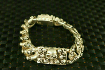 old tibet miao silver hand carving skull Statue bracelet noble gift