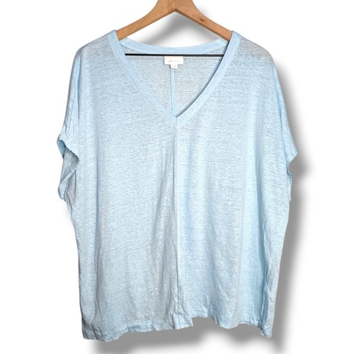 J. Jill Love 100% Linen Women's XL V-Neck Tee Shirt Xl Light Blue Scalloped