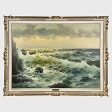Vintage Impressionist Sunset Seascape, Signed (c. 1950 OOC)/Beach/Waves/Nautical