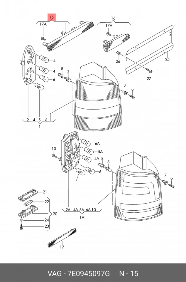 TERCERA LUZ DE FRENO Lente de luz de freno roja para VW Multivan T5 03-15 7E0945097G Foto 2 de 4