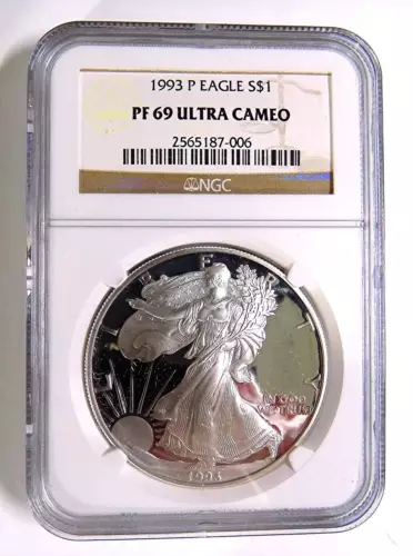 1993-P Proof American Silver Eagle NGC PF69UC Brown Label No Spots White Finish