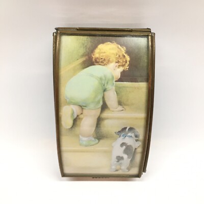Vintage Trinket Box Nighty Nite Bessie Pease Gutmann w/ Lt Pink Glass & Mirror