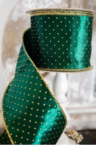 4” x 10 Yard Metallic Dot Velvet Wired Ribbon - Green/Gold - Afbeelding 1 van 2