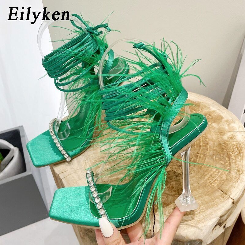 Women's Fuzzy Feather Transparent High Heel Sandals for Summer