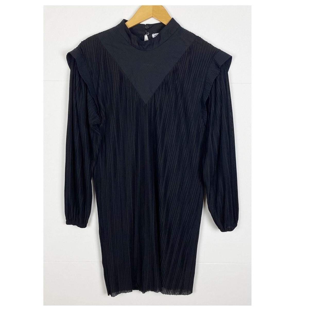 zara black pleated mini dress Size Small Ruffle Long Sleeve High Neck Long sleeve