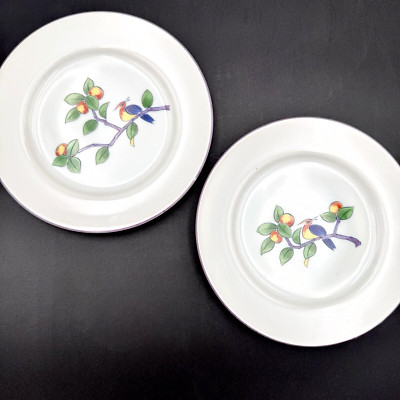 Taitu FRUIT TREE BRANCH RARE BIRDS 6.25'' Porcelain Bread Plates SET/2 Japan VTG