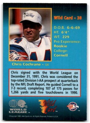 1992 Wild Card WLAF Chris Cochrane Ohio Glory #38 | eBay